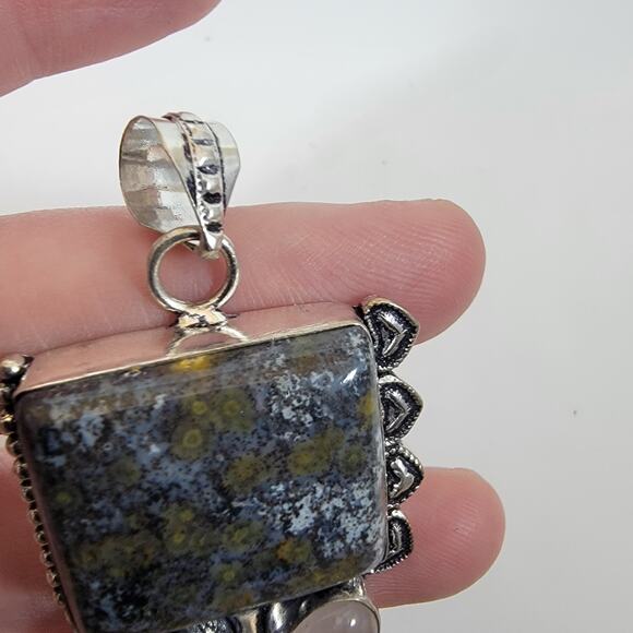 Handmade Silver Pendant with Ocean Jasper, Rose Quartz & Pearl - Picture 7 of 10